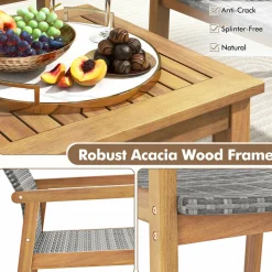 Tangkula 3 Pieces Outdoor Furniture Set, Acacia Wood Frame Sofa Set w/Rattan Seat & Back