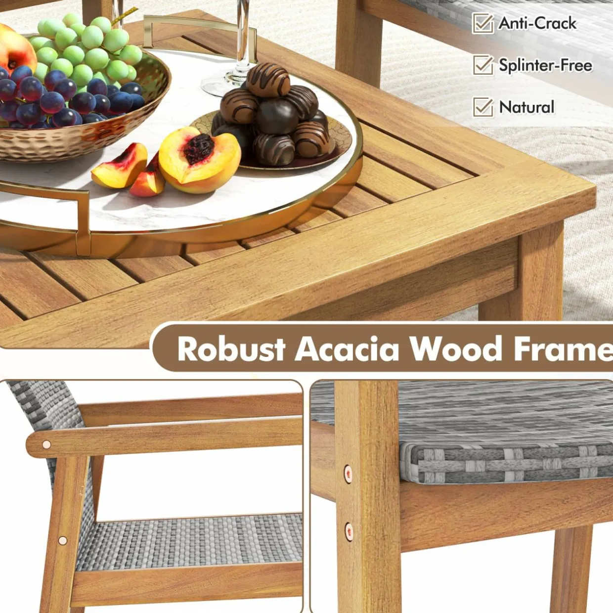 Tangkula 3 Pieces Outdoor Furniture Set, Acacia Wood Frame Sofa Set w/Rattan Seat & Back