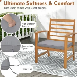 Tangkula 3 Pieces Outdoor Furniture Set, Acacia Wood Conversation Set with Soft Seat Cushions