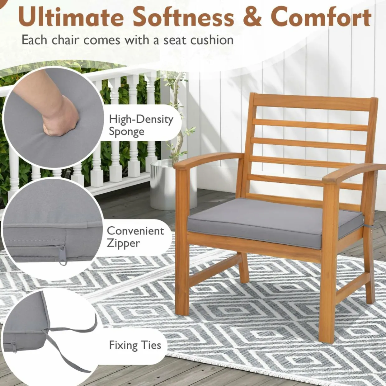 Tangkula 3 Pieces Outdoor Furniture Set, Acacia Wood Conversation Set with Soft Seat Cushions