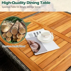 Tangkula 7 Pieces Outdoor Dining Furniture Set, Patio Rattan Conversation Set with Spacious Acacia Wood Table, 6 Chairs with Widened Armrests
