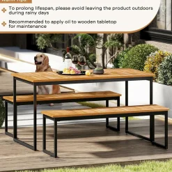Tangkula 3 Pieces Outdoor Dining Set for 6 People, 55 inch Rectangle Patio Table & 2 Benches with Acacia Wood Tabletop