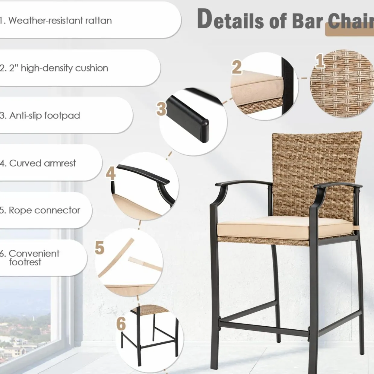 Tangkula 5 Pieces Outdoor Patio Bar Set, Rattan Bistro Set W/ 4 Wicker Bar Stools & 1 Bar Table