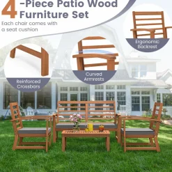 Tangkula 4 Pieces Outdoor Furniture Set, Acacia Wood Conversation Set w/Soft Seat Cushions