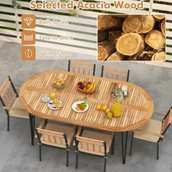 Tangkula 9 Pieces Outdoor Dining Set, Patio Furniture Set with Acacia Wood Top & Umbrella Hole, Metal Frame