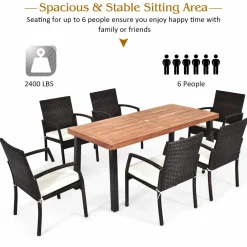 Tangkula 7 Pieces Outdoor Dining Set, Acacia Wood Patio Dining Table w/ 6 Cushioned Rattan Armrest Chairs