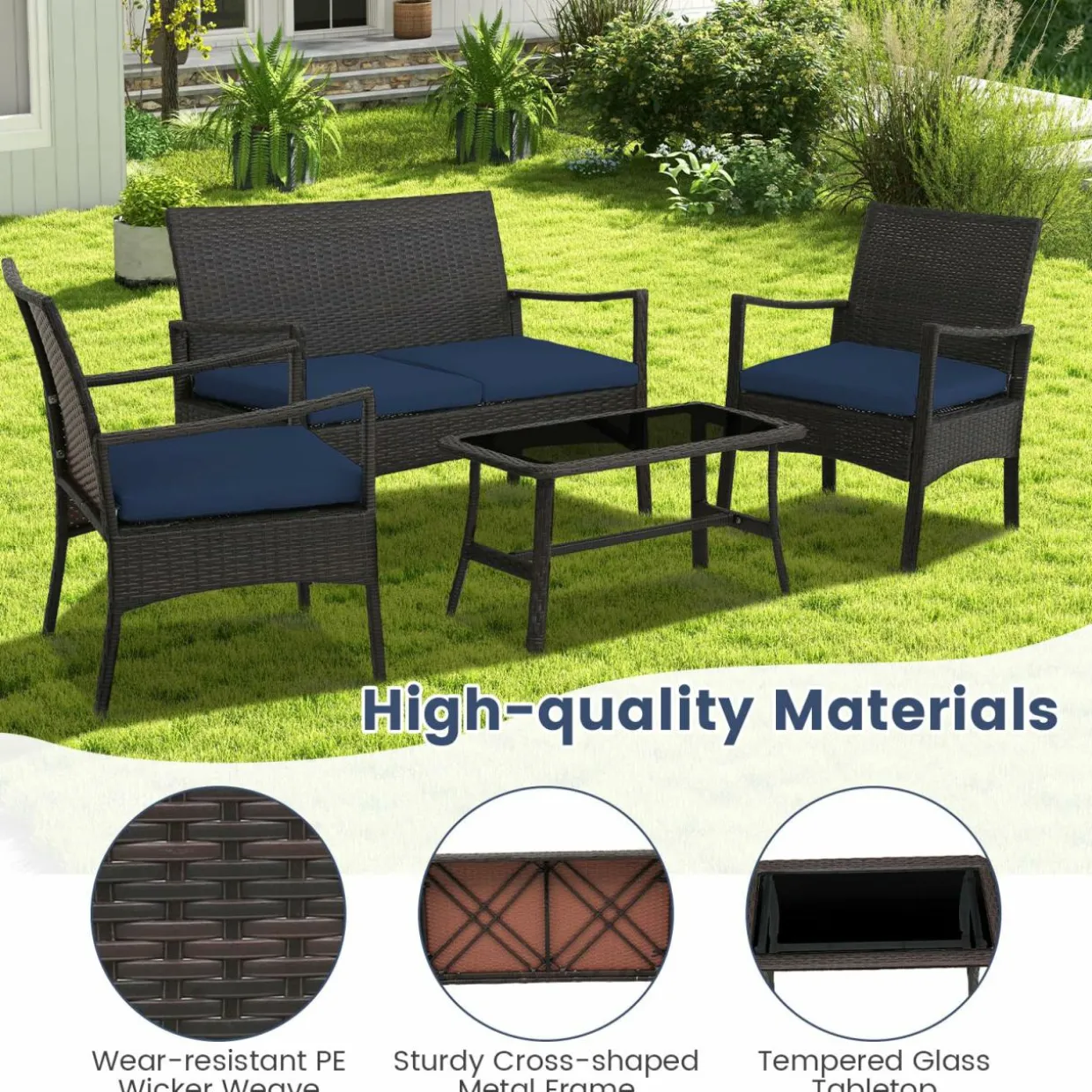 Tangkula 4 Pieces Outdoor Conversation Set, Patio PE Wicker Sofa with Tempered Glass Coffee Table