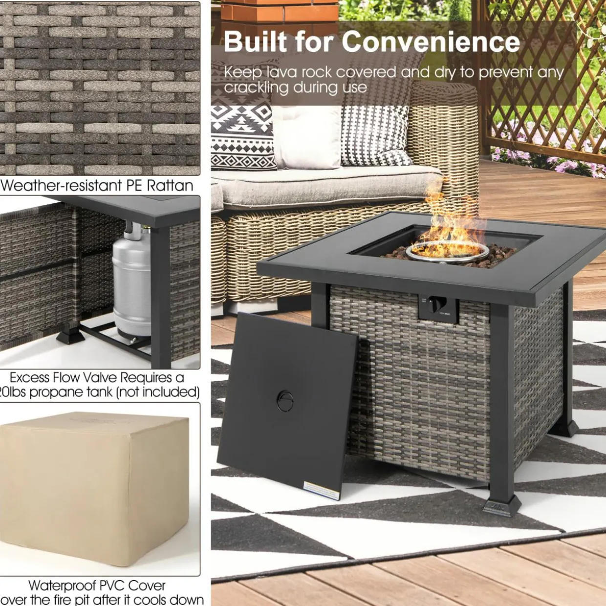Tangkula 9 Pieces Outdoor Patio Furniture Set with 32-Inch Propane Fire Pit Table