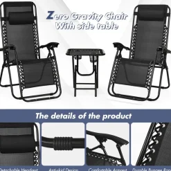Tangkula 3 Pieces Outdoor Zero Gravity Chair Set, Folding Reclining Lounge Chair with Adjustable Backrest