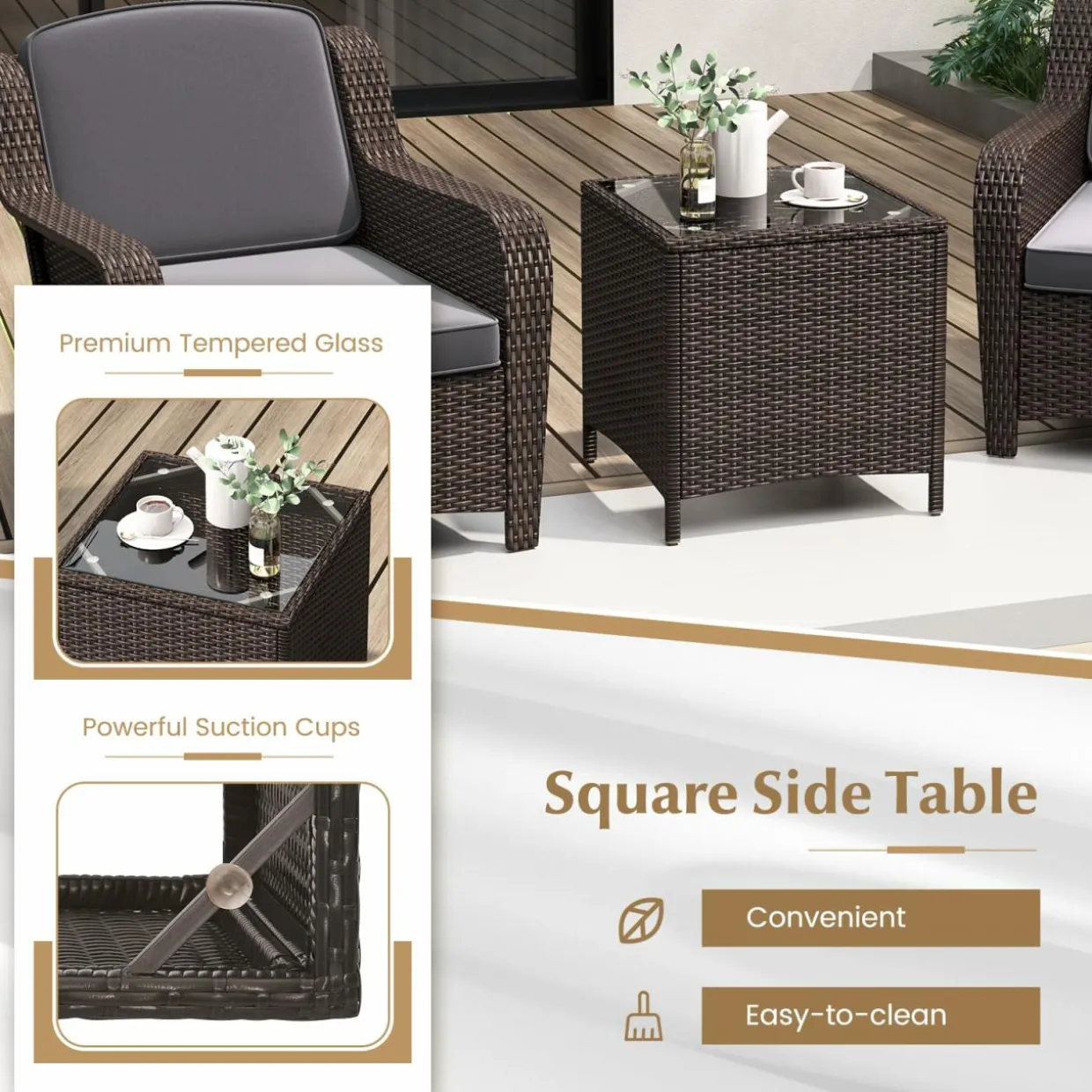 Tangkula 3 Pieces Outdoor Patio Furniture Set, Patiojoy PE Rattan Wicker Chairs with Cushions and Tempered Glass Coffee Table