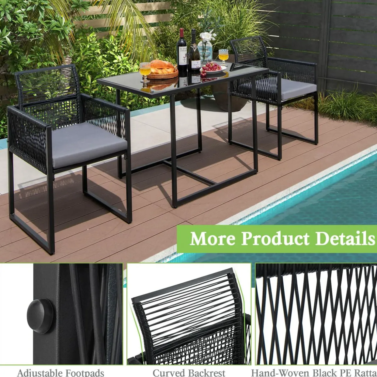 Tangkula 3 Pieces Outdoor Dining Set, Patio PE Rattan Furniture Set