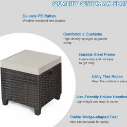 Tangkula 2 Pieces Outdoor Patio Ottoman, All Weather Rattan Wicker Ottoman Seat