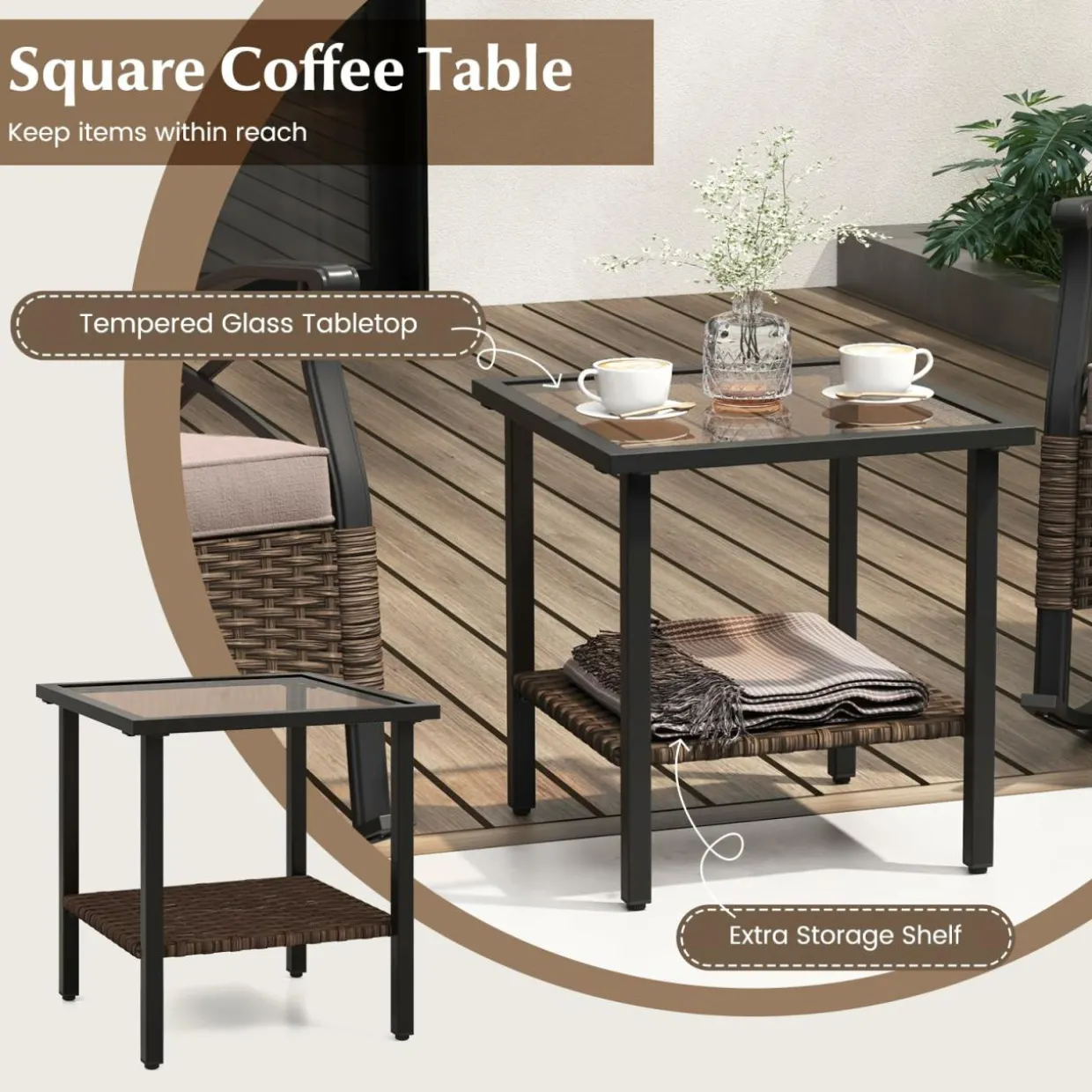 Tangkula 3 Pieces Outdoor Rocking Chairs Set, Rattan Heavy Duty Cushioned Rocker Chairs with 2-Tier Tempered Glass Coffee Table
