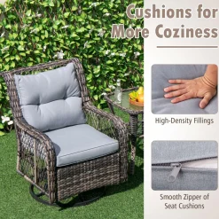 Tangkula 3 Pieces Outdoor Swivel Rocker Set, Rattan Wicker Patio Rocking Cushioned Chairs Set of 2 with Small Side Table