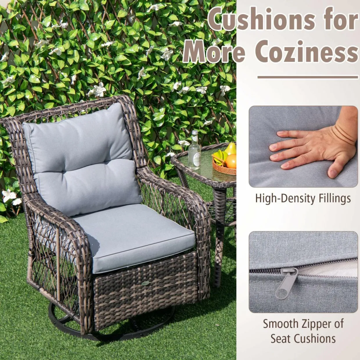Tangkula 3 Pieces Outdoor Swivel Rocker Set, Rattan Wicker Patio Rocking Cushioned Chairs Set of 2 with Small Side Table