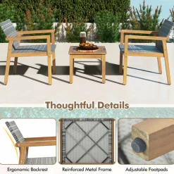 Tangkula 3 Pieces Outdoor Furniture Set, Acacia Wood Frame Sofa Set w/Rattan Seat & Back
