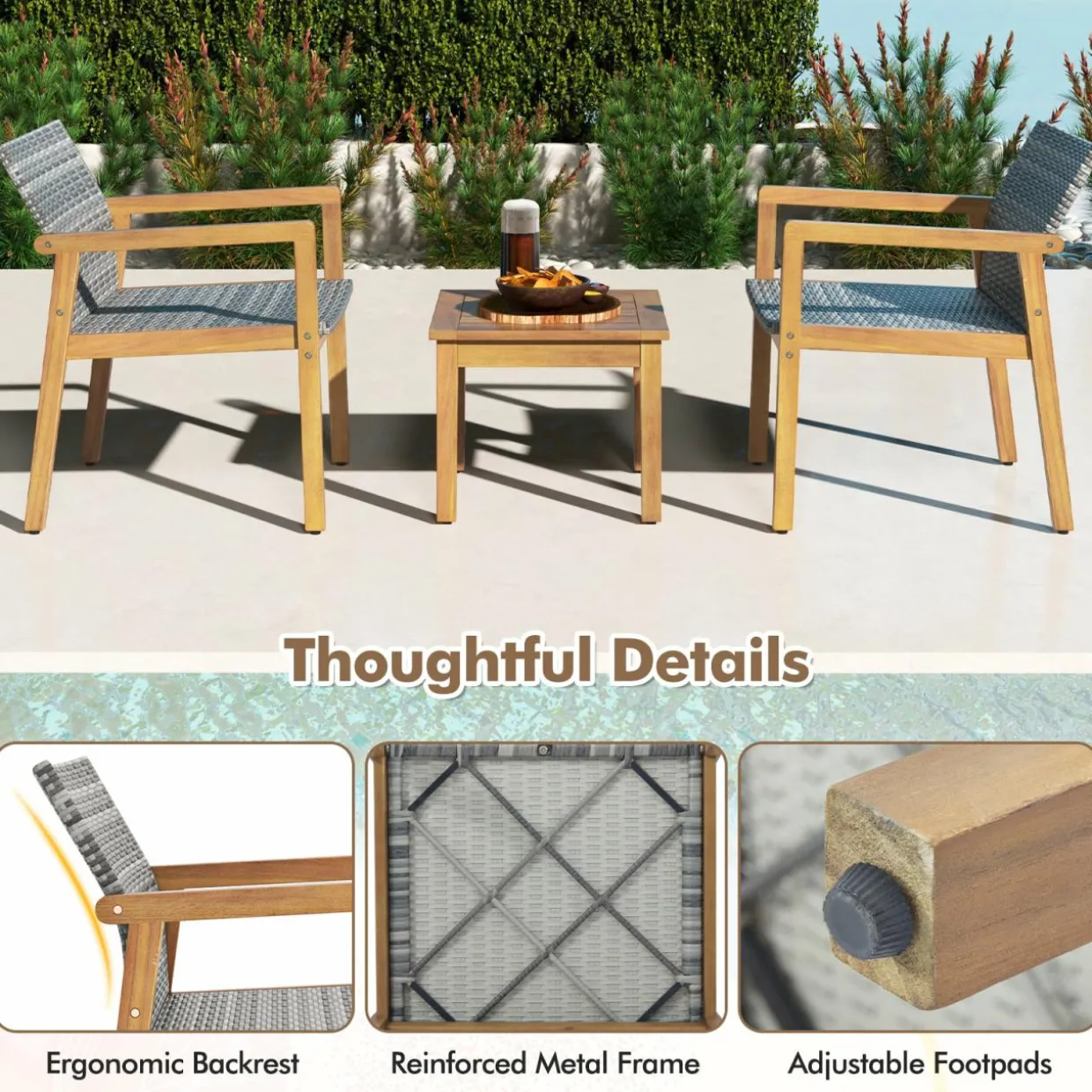 Tangkula 3 Pieces Outdoor Furniture Set, Acacia Wood Frame Sofa Set w/Rattan Seat & Back