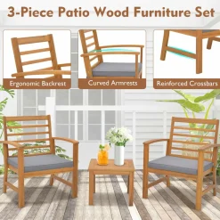 Tangkula 3 Pieces Outdoor Furniture Set, Acacia Wood Conversation Set with Soft Seat Cushions