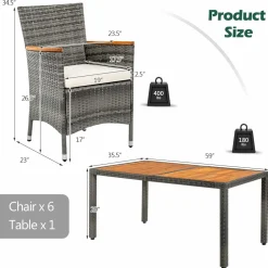 Tangkula 7 Pieces Outdoor Dining Furniture Set, Patio Rattan Conversation Set with Spacious Acacia Wood Table, 6 Chairs with Widened Armrests