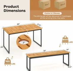 Tangkula 3 Pieces Outdoor Dining Set for 6 People, 55 inch Rectangle Patio Table & 2 Benches with Acacia Wood Tabletop