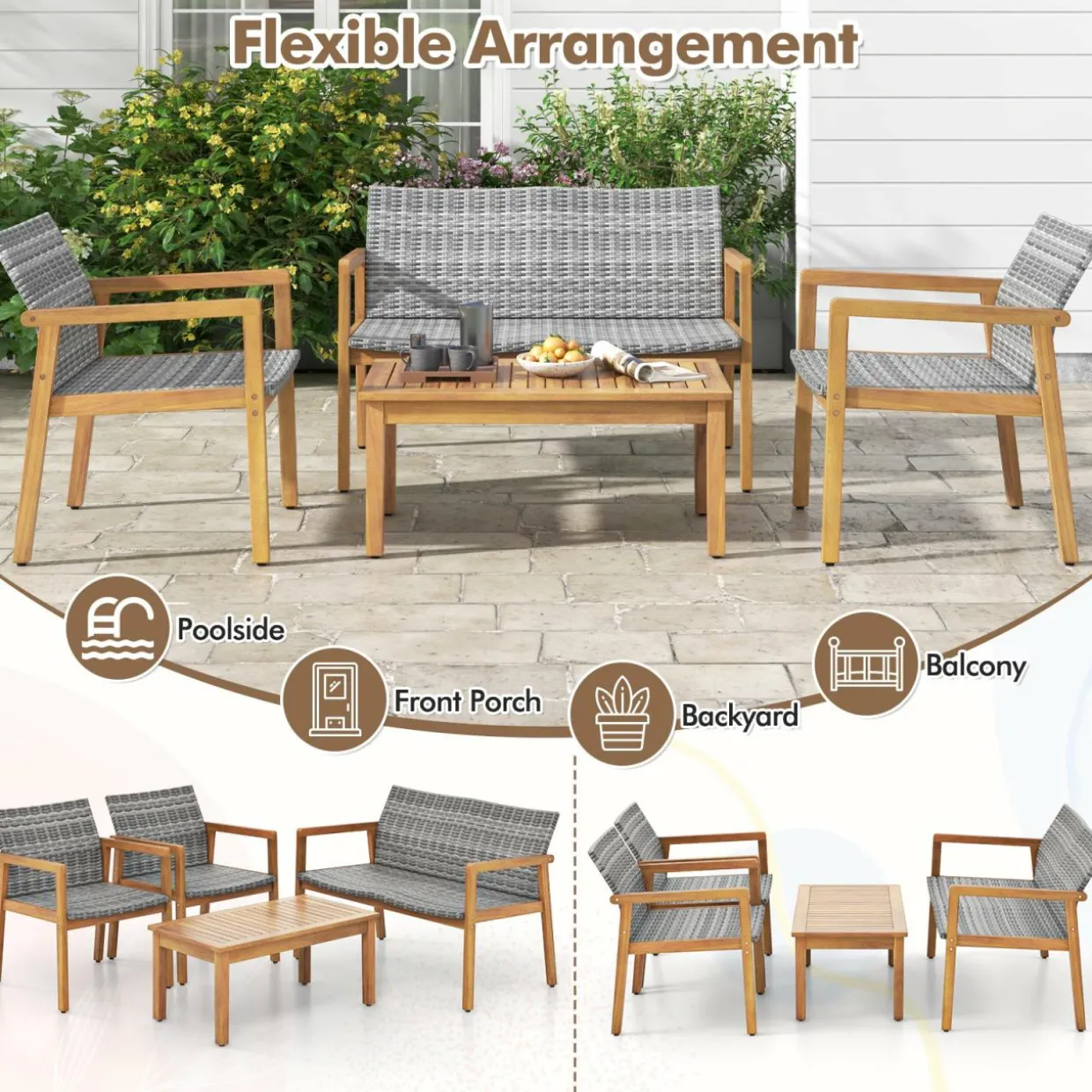 Tangkula 4 Pieces Outdoor Furniture Set, Acacia Wood Frame Sofa Set w/Rattan Seat & Back