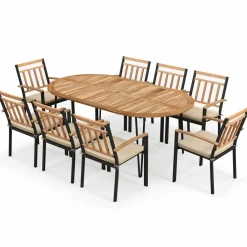 Tangkula 9 Pieces Outdoor Dining Set, Patio Furniture Set with Acacia Wood Top & Umbrella Hole, Metal Frame