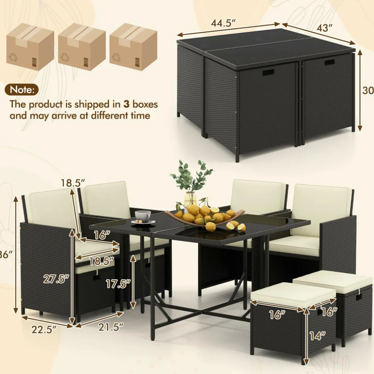 Tangkula 9 Pieces Outdoor Dining Furniture Set, Space-Saving Wicker Rattan Chairs & Tempered Glass Table with Ottomans