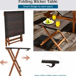 Tangkula 3 Pieces Outdoor Chaise Set, Wicker Rattan Lounge Chair w/Acacia Wood Frame & 4 Adjustable Positions
