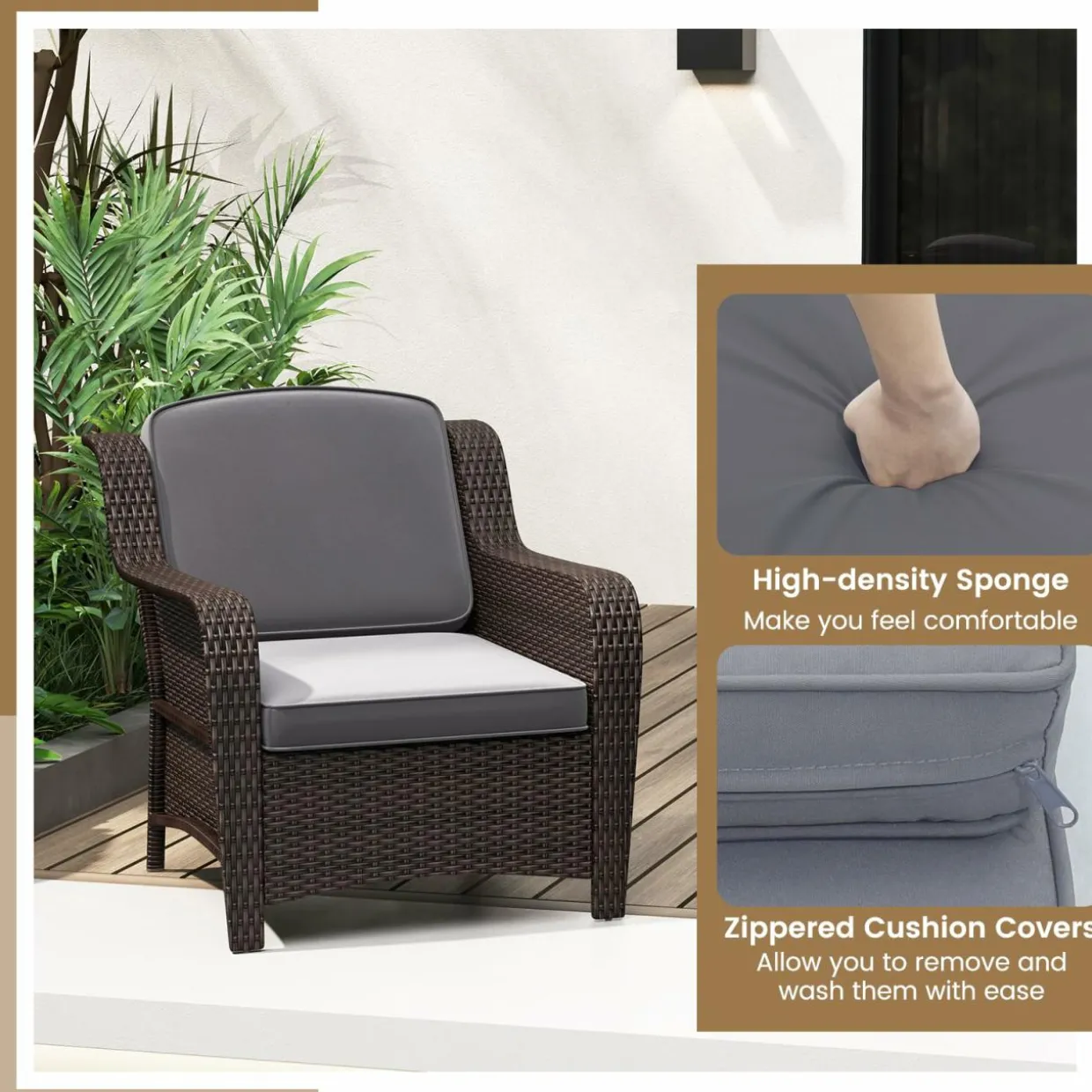 Tangkula 3 Pieces Outdoor Patio Furniture Set, Patiojoy PE Rattan Wicker Chairs with Cushions and Tempered Glass Coffee Table