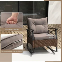 Tangkula 3 Pieces Outdoor Rocking Chairs Set, Rattan Heavy Duty Cushioned Rocker Chairs with 2-Tier Tempered Glass Coffee Table