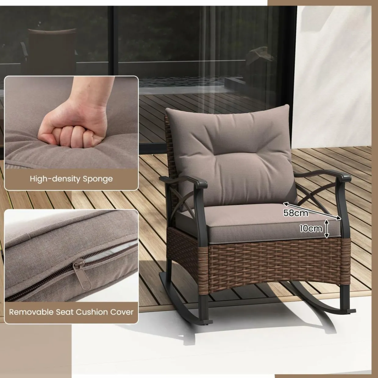 Tangkula 3 Pieces Outdoor Rocking Chairs Set, Rattan Heavy Duty Cushioned Rocker Chairs with 2-Tier Tempered Glass Coffee Table
