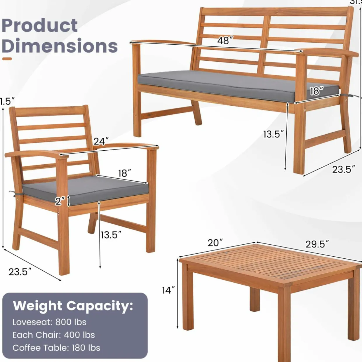 Tangkula 4 Pieces Outdoor Furniture Set, Acacia Wood Conversation Set w/Soft Seat Cushions