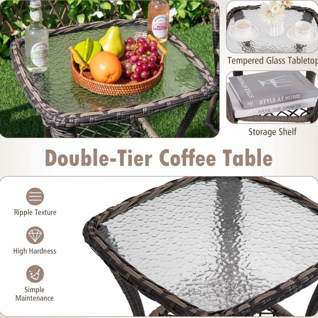 Tangkula 3 Pieces Outdoor Swivel Rocker Set, Rattan Wicker Patio Rocking Cushioned Chairs Set of 2 with Small Side Table
