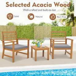 Tangkula 3 Pieces Outdoor Furniture Set, Acacia Wood Conversation Set with Soft Seat Cushions