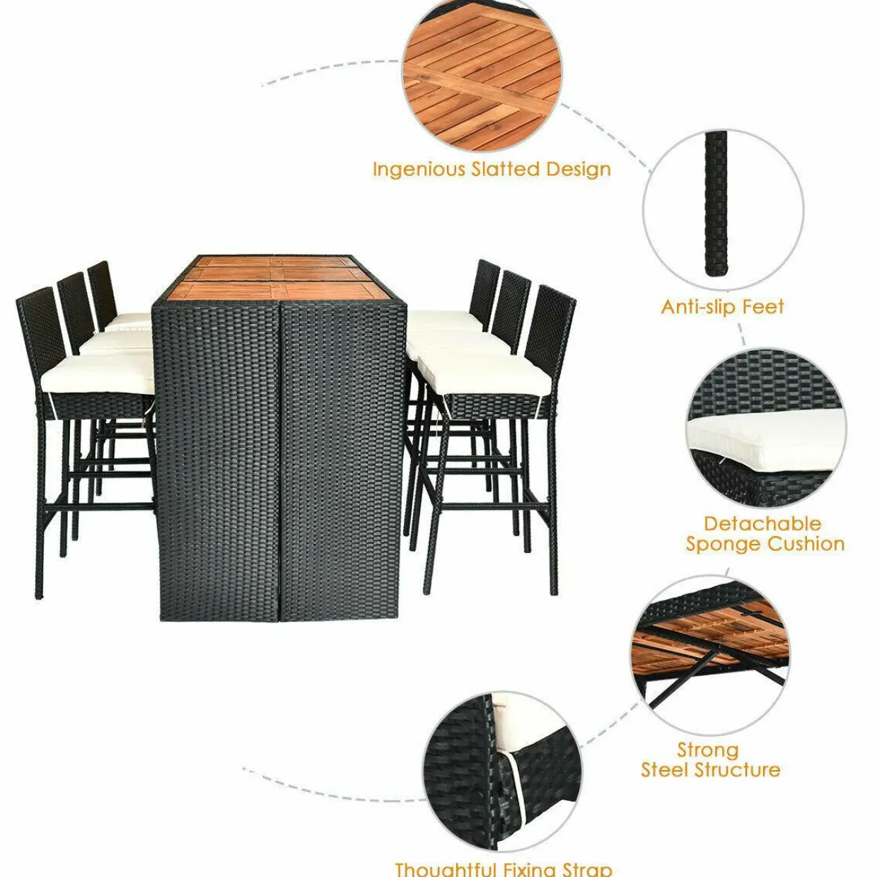 Tangkula 7 Pieces Outdoor Wicker Bar Set, Rattan Dining Set