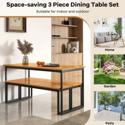 Tangkula 3 Pieces Outdoor Dining Set for 6 People, 55 inch Rectangle Patio Table & 2 Benches with Acacia Wood Tabletop
