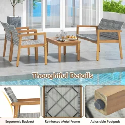 Tangkula 4 Pieces Outdoor Furniture Set, Acacia Wood Frame Sofa Set w/Rattan Seat & Back