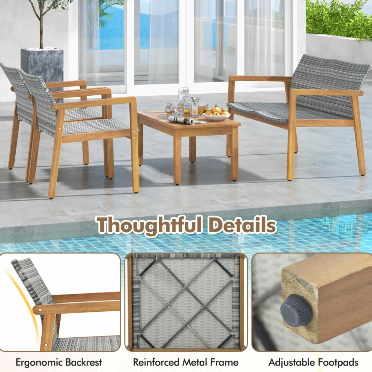 Tangkula 4 Pieces Outdoor Furniture Set, Acacia Wood Frame Sofa Set w/Rattan Seat & Back
