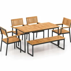 Tangkula 6 Pieces Outdoor Acacia Wood Dining Set, Patio Table and Chairs Set with Bench for 6-7 People