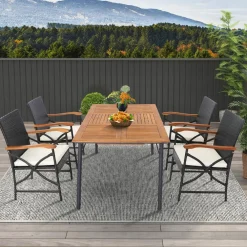 Tangkula 5 Pieces Outdoor Dining Set with Acacia Wood Table & 4 Wicker Rattan Armrest Chairs