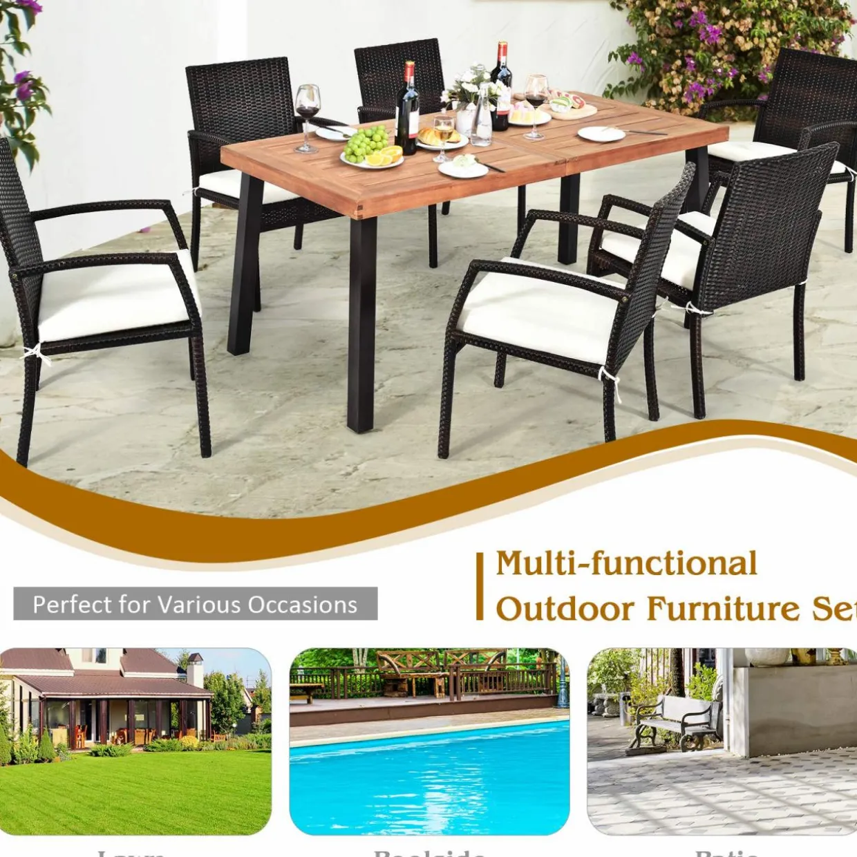 Tangkula 7 Pieces Outdoor Dining Set, Acacia Wood Patio Dining Table w/ 6 Cushioned Rattan Armrest Chairs