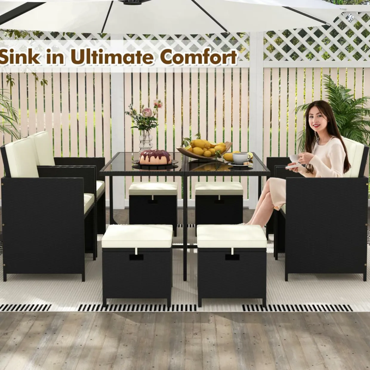 Tangkula 9 Pieces Outdoor Dining Furniture Set, Space-Saving Wicker Rattan Chairs & Tempered Glass Table with Ottomans