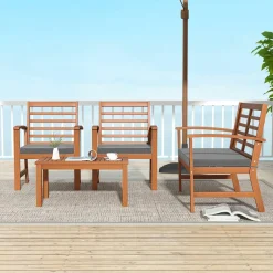 Tangkula 4 Pieces Outdoor Furniture Set, Acacia Wood Conversation Set w/Soft Seat Cushions