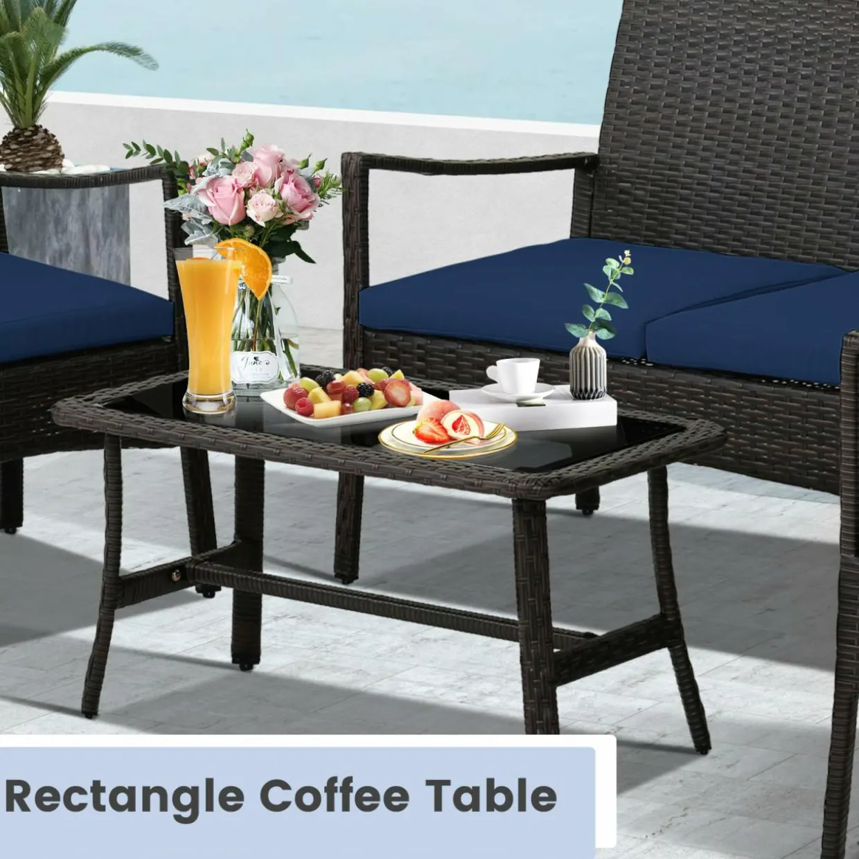 Tangkula 4 Pieces Outdoor Conversation Set, Patio PE Wicker Sofa with Tempered Glass Coffee Table