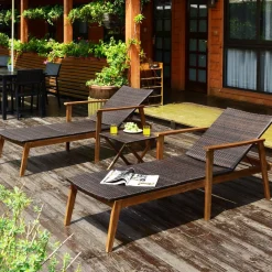 Tangkula 3 Pieces Outdoor Chaise Set, Wicker Rattan Lounge Chair w/Acacia Wood Frame & 4 Adjustable Positions