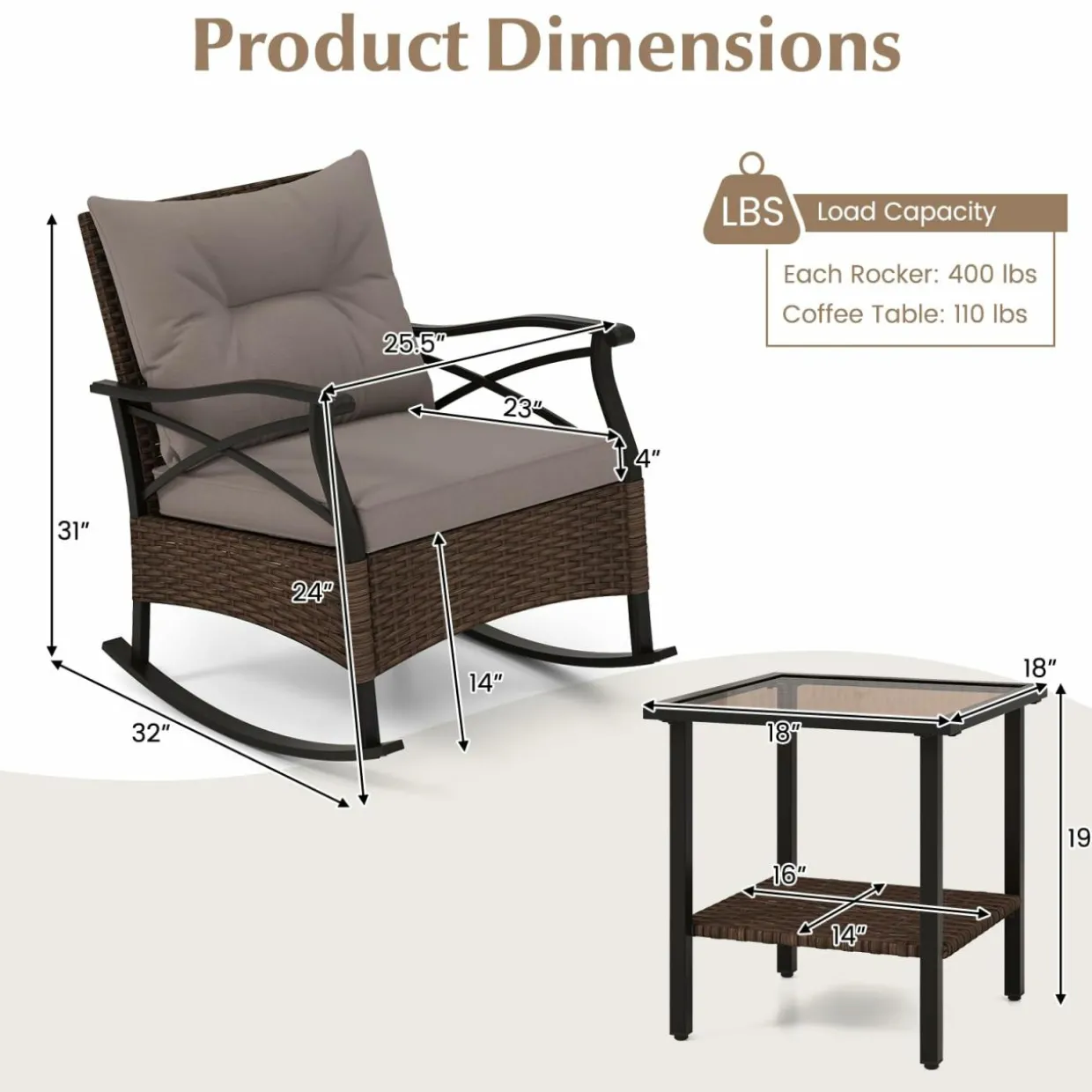 Tangkula 3 Pieces Outdoor Rocking Chairs Set, Rattan Heavy Duty Cushioned Rocker Chairs with 2-Tier Tempered Glass Coffee Table