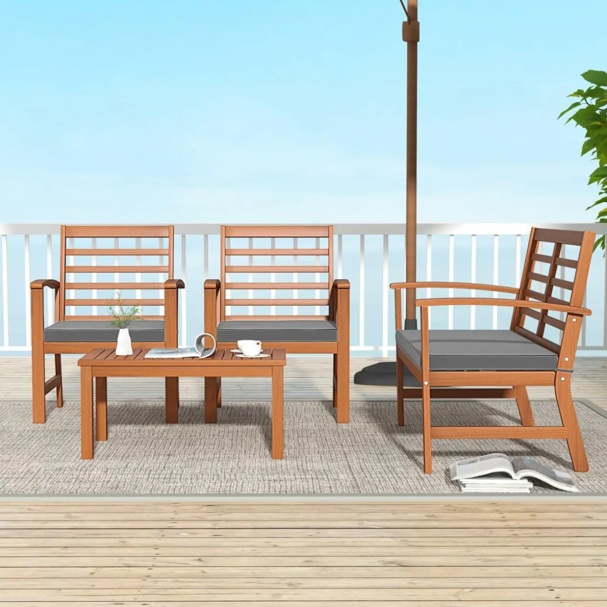 Tangkula 4 Pieces Outdoor Furniture Set, Acacia Wood Conversation Set w/Soft Seat Cushions