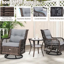 Tangkula 3 Pieces Outdoor Swivel Rocker Set, Rattan Wicker Patio Rocking Cushioned Chairs Set of 2 with Small Side Table