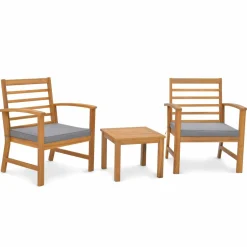 Tangkula 3 Pieces Outdoor Furniture Set, Acacia Wood Conversation Set with Soft Seat Cushions