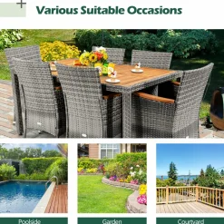 Tangkula 7 Pieces Outdoor Dining Furniture Set, Patio Rattan Conversation Set with Spacious Acacia Wood Table, 6 Chairs with Widened Armrests